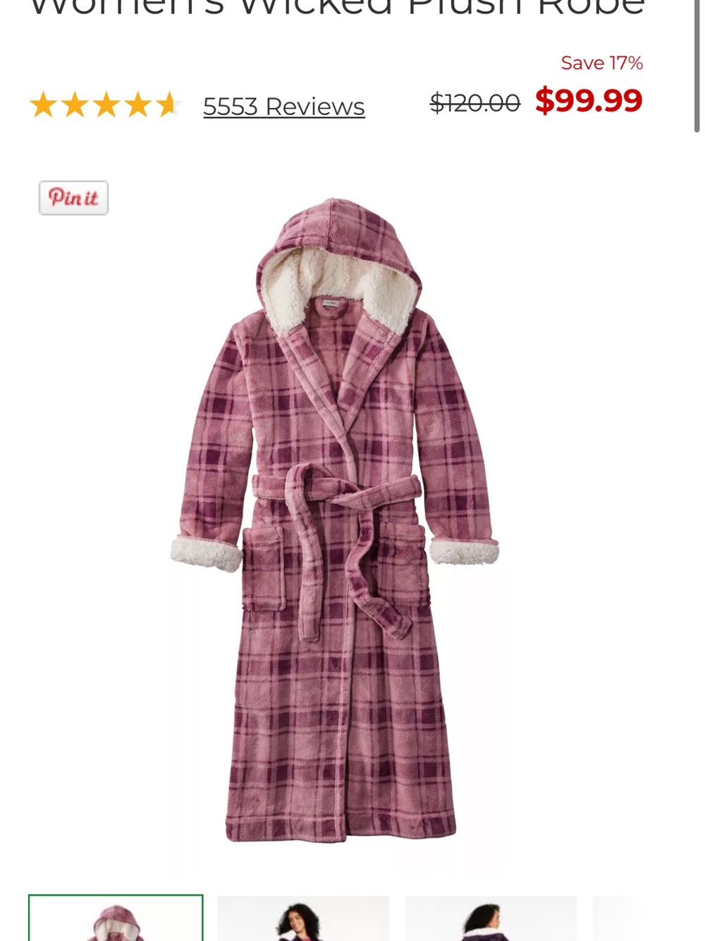 L.L. Bean Women’s Hooded Plush Robe in Mauve Plaid